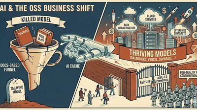 Illustration of vintage robot vacuuming up books and papers, while a gated utopian city thrives nearby with dozens of robots outside the gates.
