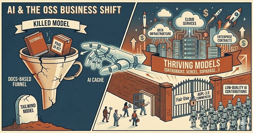 Illustration of vintage robot vacuuming up books and papers, while a gated utopian city thrives nearby with dozens of robots outside the gates.