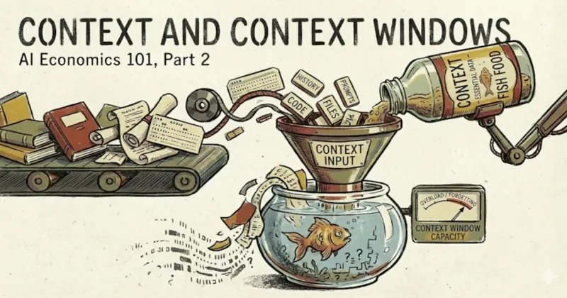A bottle of fish food labeled 'context' being poured into a goldfish bowl