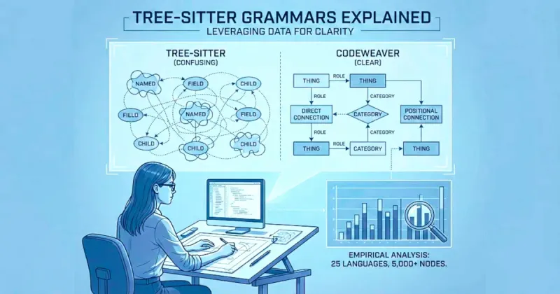 A woman working at a desk with diagrams on the wall representing code parsing and tree structures